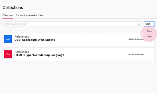 Screenshot showing collections dashboard with sort element expanded showing the date and title sorting options.