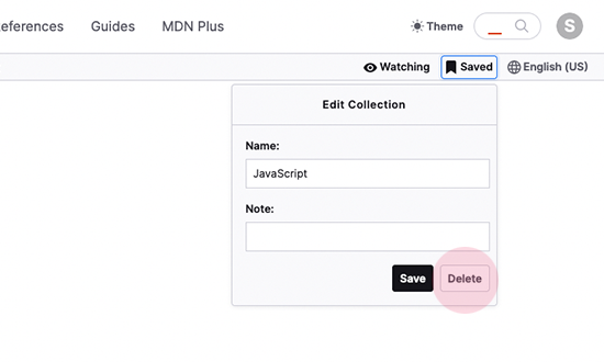 Screenshot showing the collection dialog. It contains two input fields and two buttons. The second button is delete, which is also highlighted