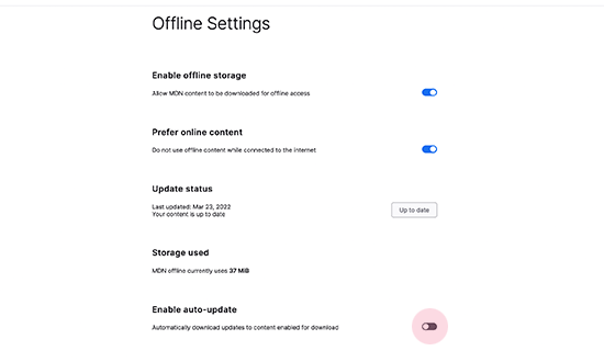 Screenshot showing MDN Offline page with the auto update toggle highlighted.