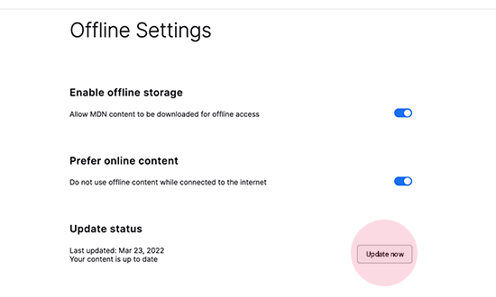 Screenshot showing MDN Offline page with the update now button highlighted.