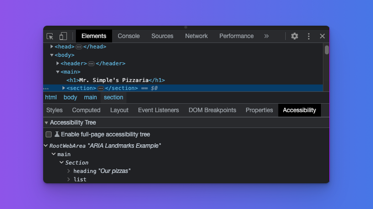 Shows the section element highlighted in the elements inspector. In the accessibility inspector the section is not identified as a region navigation role.