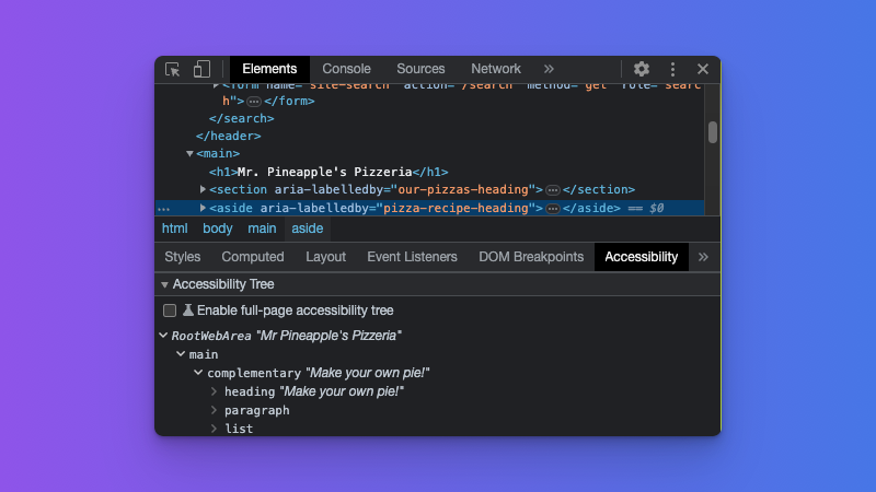 Shows the aside element highlighted in the elements inspector. In the accessibility inspector the section is correctly identified as a complementary navigation role.