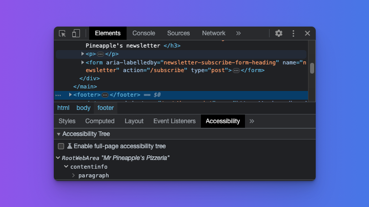 Shows the footer element highlighted in the elements inspector. In the accessibility inspector the footer is correctly identified as a contentinfo navigation role.