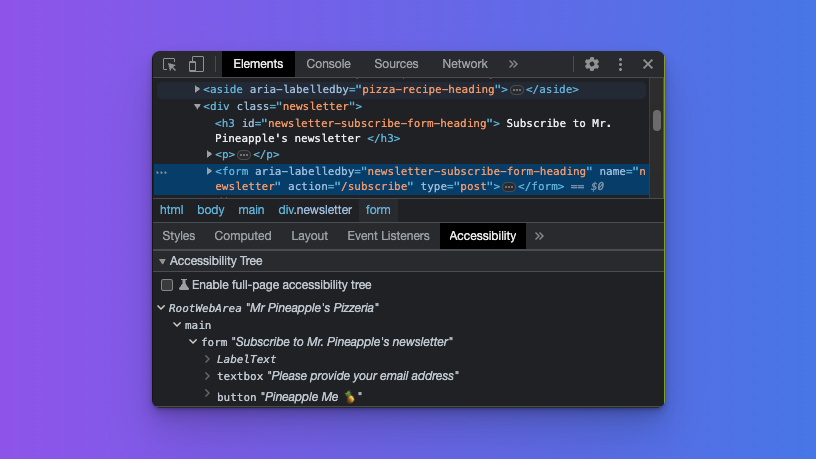 Shows the form element highlighted in the elements inspector. In the accessibility inspector the form is correctly identified as a form navigation role.