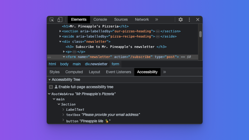 Shows the form element highlighted in the elements inspector. In the accessibility inspector the form is not identified as a form navigation role.