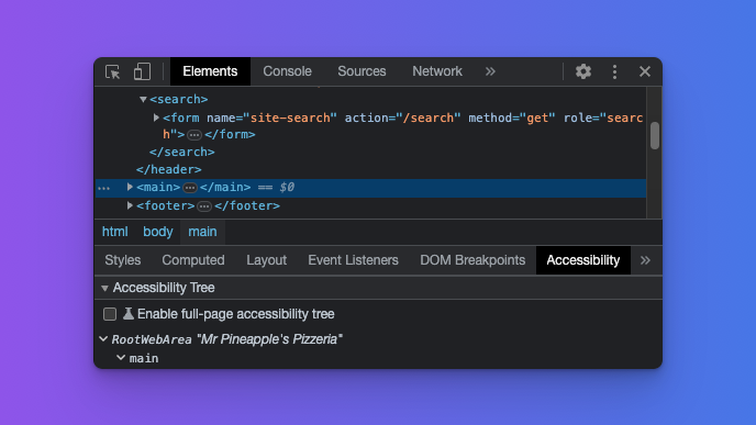 Shows the main element highlighted in the elements inspector. Below it shows the accessibility inspector identifying the element as the main navigational landmark.