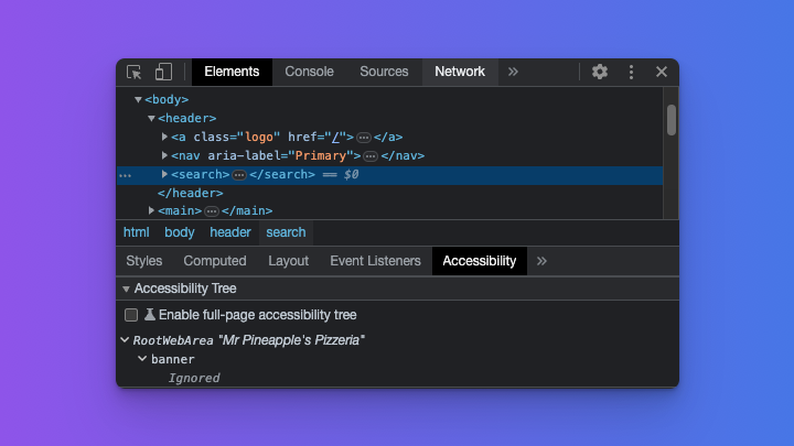 Shows the search element highlighted in the elements inspector. In the accessibility inspector the search element is shown as ignored.