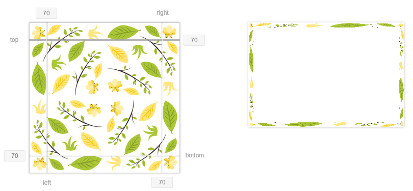 Screenshot with two images. The nature-themed image on the left shows slice lines at 70 units from all four edges. The right image shows a stretched out border image and empty middle region.