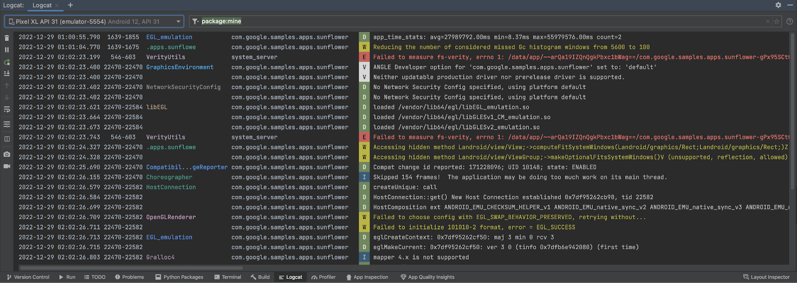 Android logs with Logcat showing output from an app running on a Pixel XL device. Alongside the logs, there is a severity level panel showing logs ranging from info to error-levels.