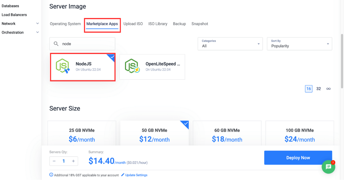 Screenshot of Vultr customer portal showing the Marketplace Apps tab, selection of the NodeJS option and the Deploy Now button on the bottom right corner