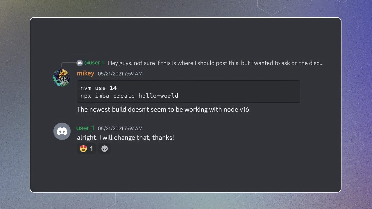 Discord screenshot showing a project in a community channel and the commands to run it.