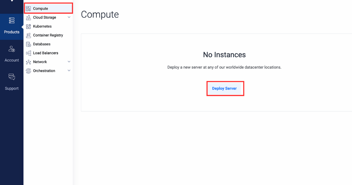 Screenshot of the Vultr customer portal Compute side menu to deploy a new Cloud Compute server