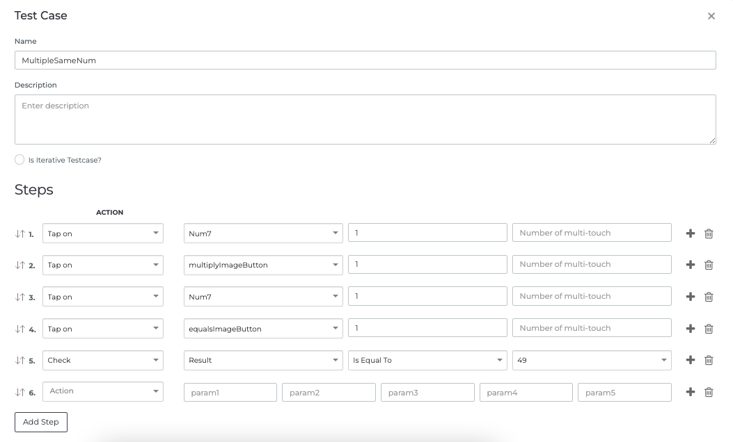 Screenshot of TestGrid's dashboard where steps are being defined for a test case to perform a multiplication in the Calculator app