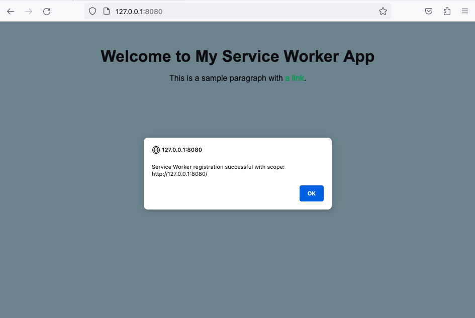 A web page with an alert box saying "Service Worker registration successful with scope:" followed by a redacted server URL.