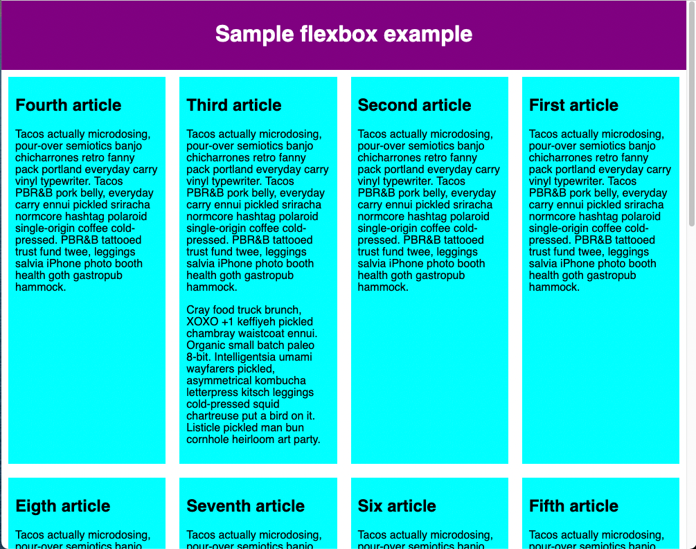 Flex items are laid out in multiple rows in the flex container. The flex-wrap property is set to 'wrap' in the flex container which displays the flex items in a new row if the flex items in the previous row overflow outside the flexbox container. Each flex item is given a width of 200 pixels. All the items are stretched to be the same height, as tall as the flex item with the most content.