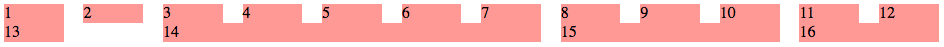 The grid has 2 rows. The first row has 12 equal-width grid items and the second row has 4 items of different widths. Item 13 spans 1 column, item 14 spans five columns, 15 spans three, and 16 spans two. Item 14 has the 'offset-by-one' class applied, which means it starts in the 3rd column, rather than the second, leaving a one-column wide empty space in the second-row second-column. 