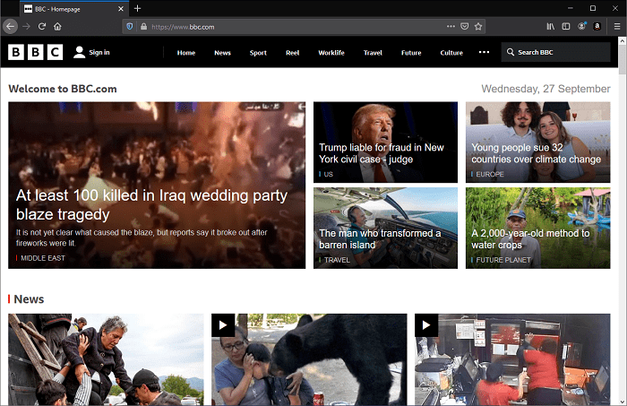 front page of bbc.co.uk, showing many news items, and navigation menu functionality