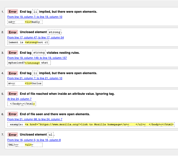 A list of HTML validation results from the W3C markup validation service