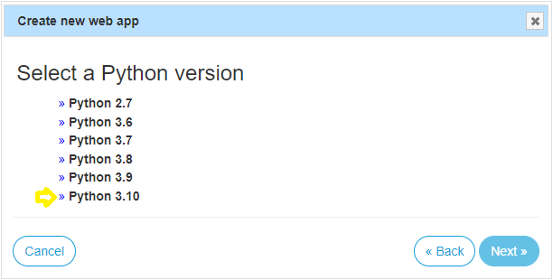 PythonAnywhere prompt for selecting Python version for Web application