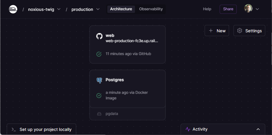 Railway project with application and Postgres database service