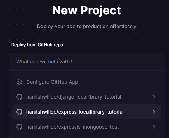 Railway popup showing GitHub repos that can be deployed