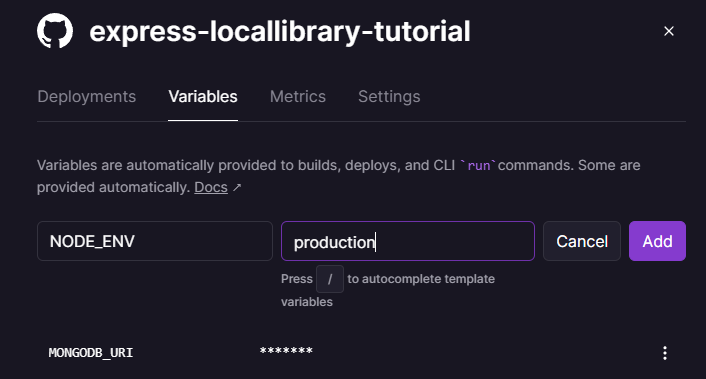 Railway variables tab with new NODE_ENV variable being set to 'production'