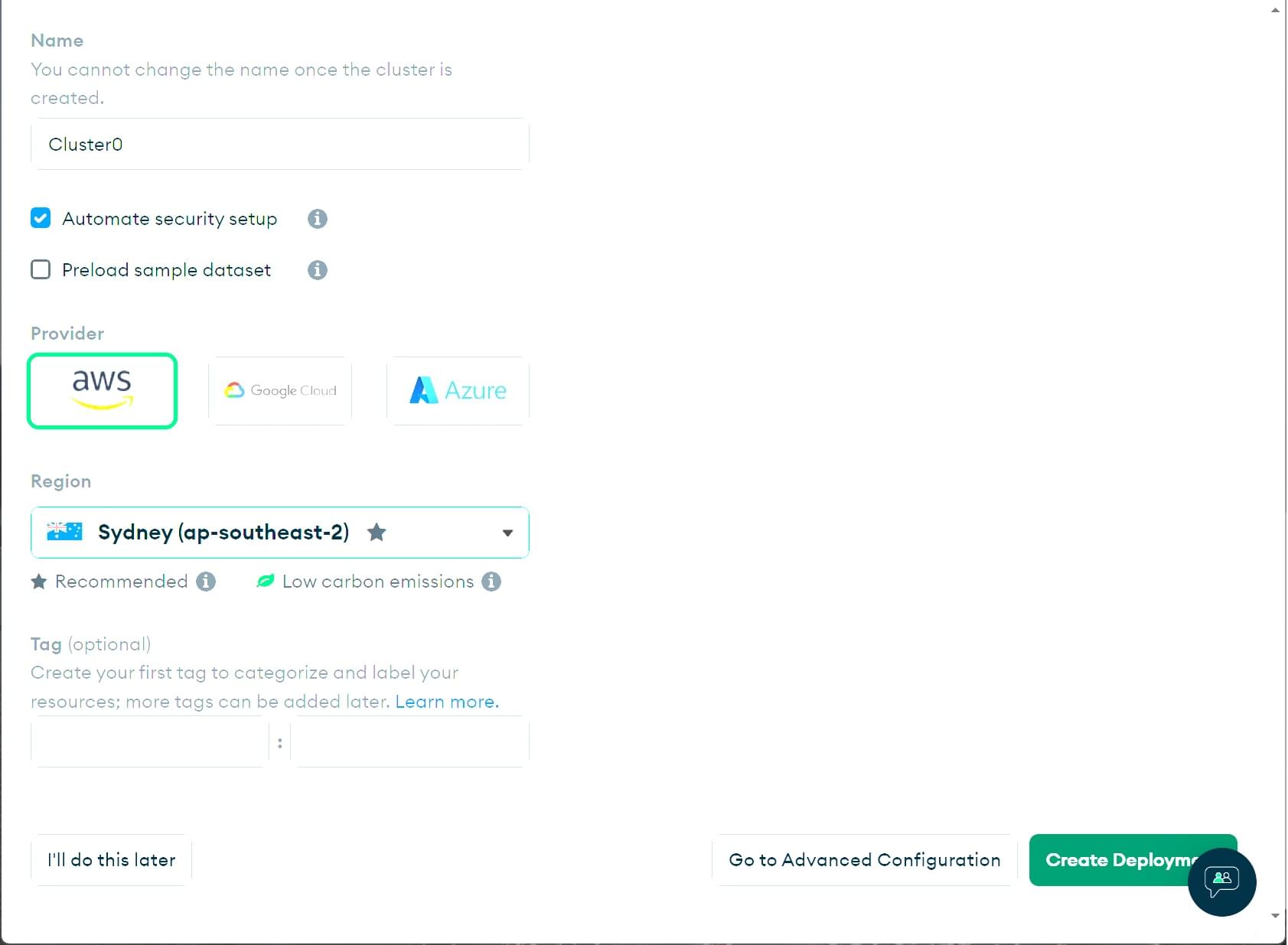 Choose a cloud provider when using MongoDB Atlas.