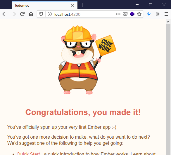 The default start page when you create a new Ember app, with a cartoon mascot, saying congratulations