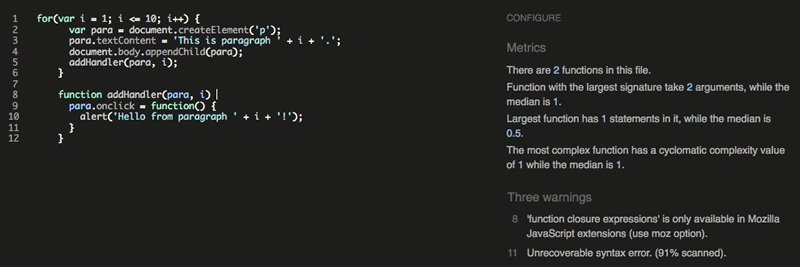 JSHint screenshot. Left panel is a color-coded and line-numbered code editor. Right panel is divided into metrics on the number, size, and makeup of functions and warnings. The warnings include the issue and the line number.