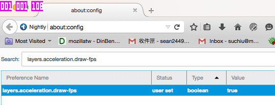 Entering the search term filters the options. Only the layers.acceleration.draw-fps preference is showing and is set to true. Three numbers (001, 001, and 108) are appearing in the upper left corner of the browser, overlaying its UI.