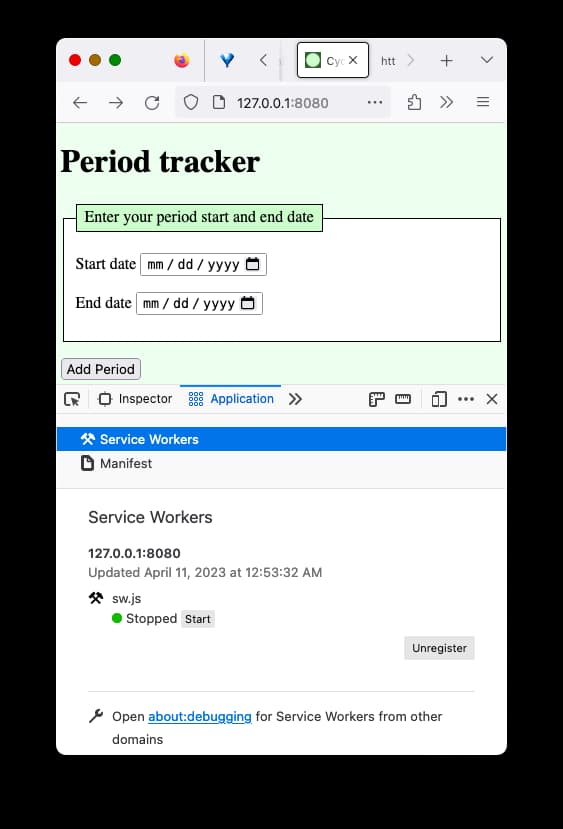 Firefox developer tools application panel with a stopped service worker and an unregister button