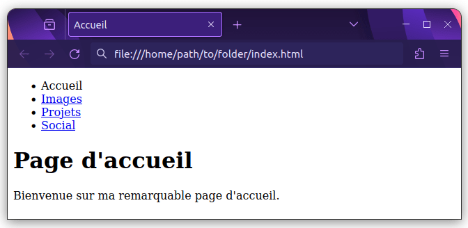 Un exemple d'un menu de navigation HTML simple, avec les éléments page d'accueil, images, projets et menu des réseaux sociaux.