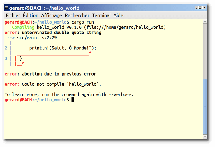 Console montrant le résultat de la compilation d'un programme Rust avec guillemet manquant dans une chaîne textuelle dans une instruction d'affichage. Le message signalé est « erreur : guillemet double manquant dans la chaîne ».