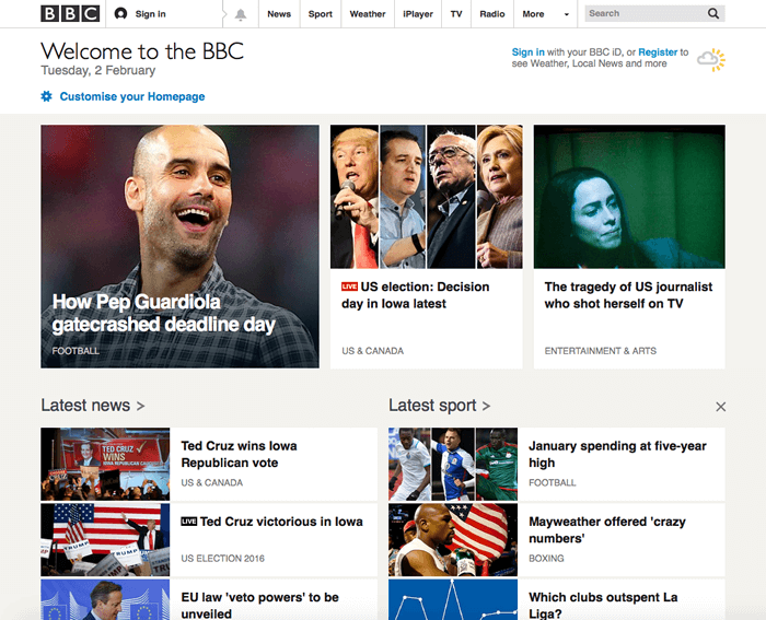 frontpage of bbc.co.uk, showing many news items, and navigation menu functionality