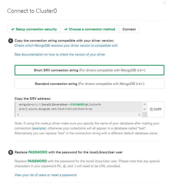 Copy the Short SRV connection string when setting up a connection on MongoDB Atlas